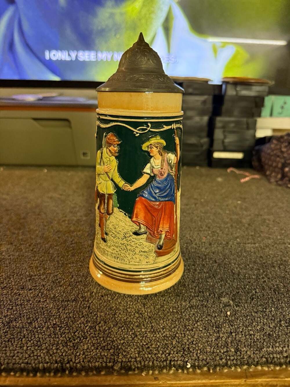 Vintage German 0.5L Stoneware Beer Stein with Pewter Lid featuring 'Die Fischeri